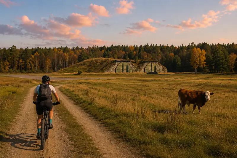 Cyklista na cestě tichou krajinou bývalého vojenského újezdu Ralsko se zbytky vojenských staveb